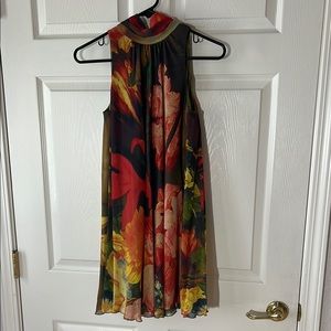 Alice + Olivia SILK Floral Sleeveless Dress with Mock Neck‎ Back Long tie, XS